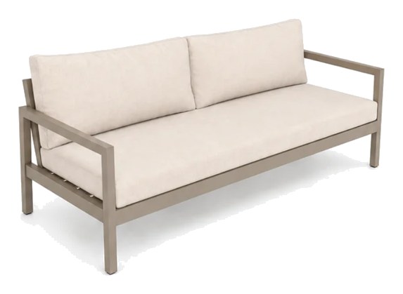 Sofá con brazos Colección Zipa, estructura en aluminio taupe y cojinería Sunbrella beige — Curvar