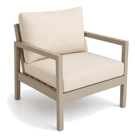 Sillón con brazos Colección Zipa en aluminio taupe con cojines beige — Curvar