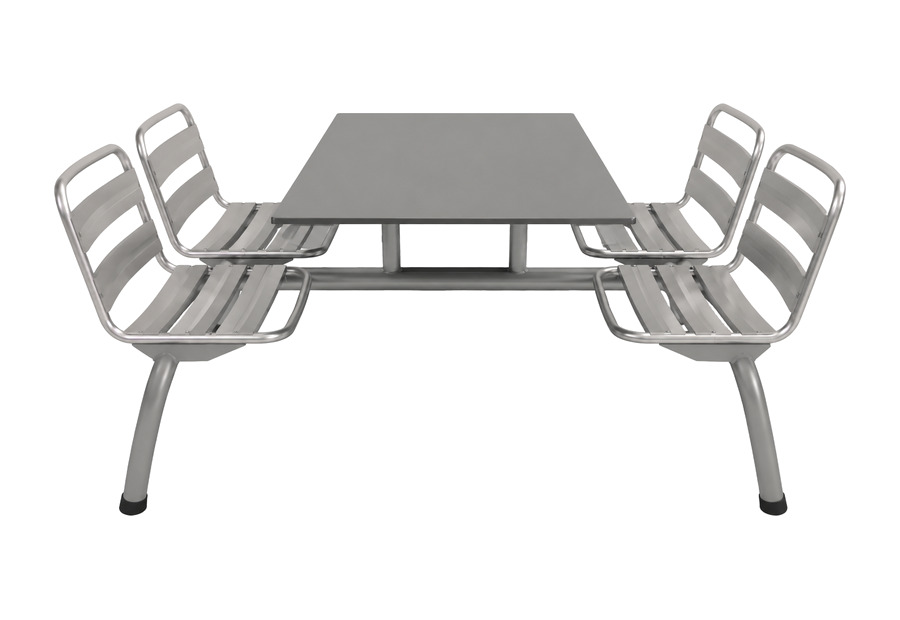Mesa Wimpy en acero inoxidable, aluminio y c.r. con sillas integradas — Curvar