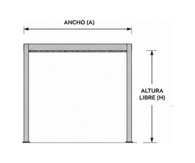 Vista frontal de la pérgola bioclimática con las cotas de ancho (A) y altura libre (H) — Curvar