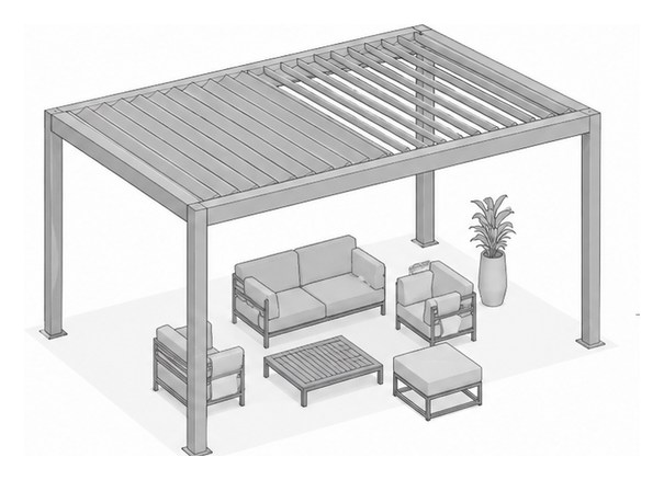 Vista isométrica de una pérgola bioclimática con sala exterior — Curvar