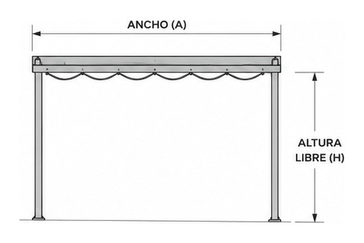 Alzado frontal de la pérgola de palillería con las cotas de ancho (A) y altura libre (H) — Curvar