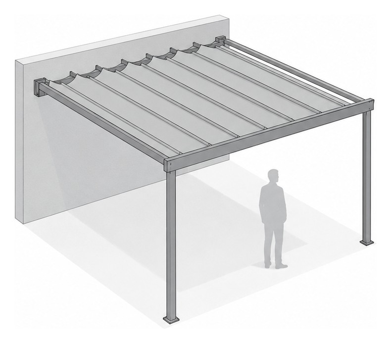 Vista isométrica de una pérgola retráctil tipo palillería adosada a pared — Curvar