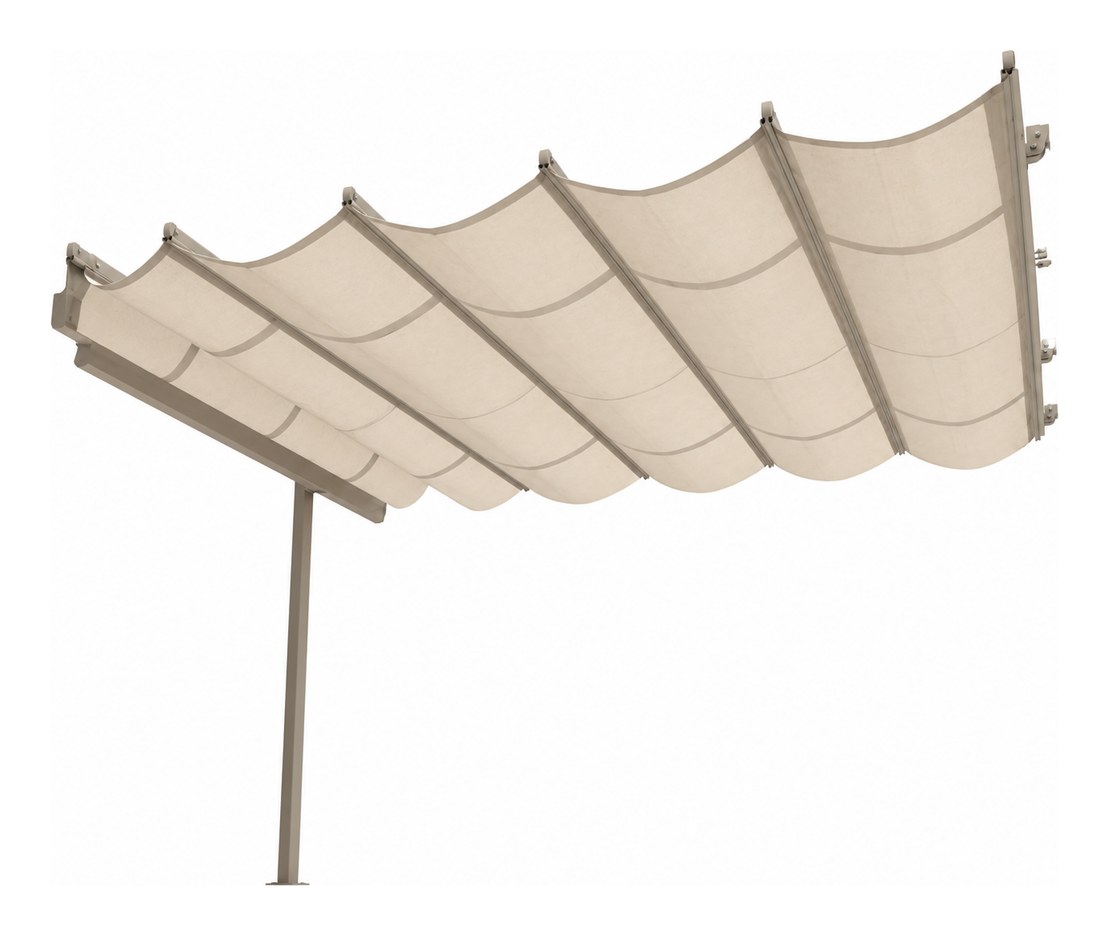 Pérgola retráctil tipo palillería de Curvar con lona acrílica Sunbrella